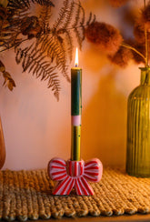 Pink & Red Stripe Bow Ceramic Candle Holder