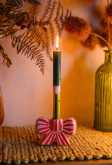 Pink & Red Stripe Bow Ceramic Candle Holder
