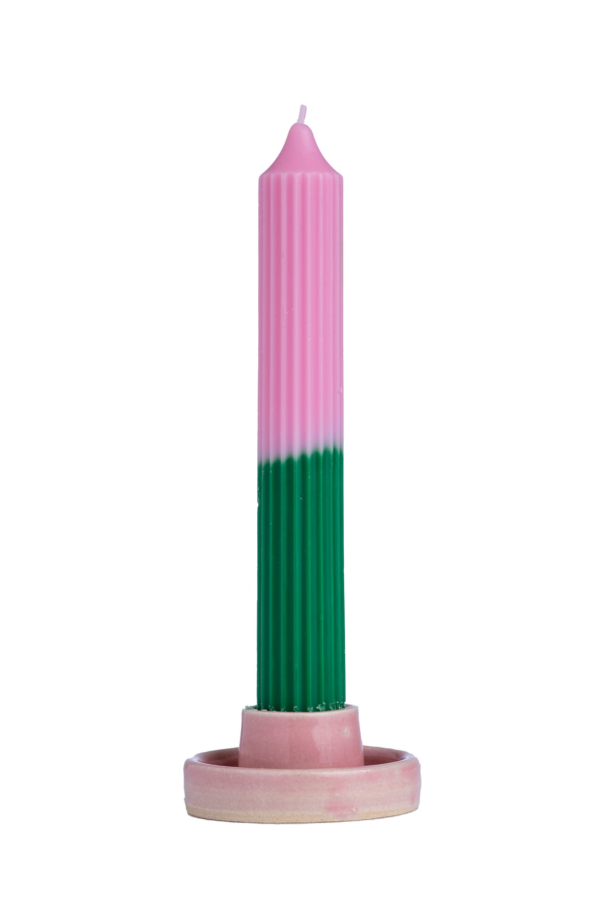 Skinny tall drippy pillar candle, pink & green NO HOLDER