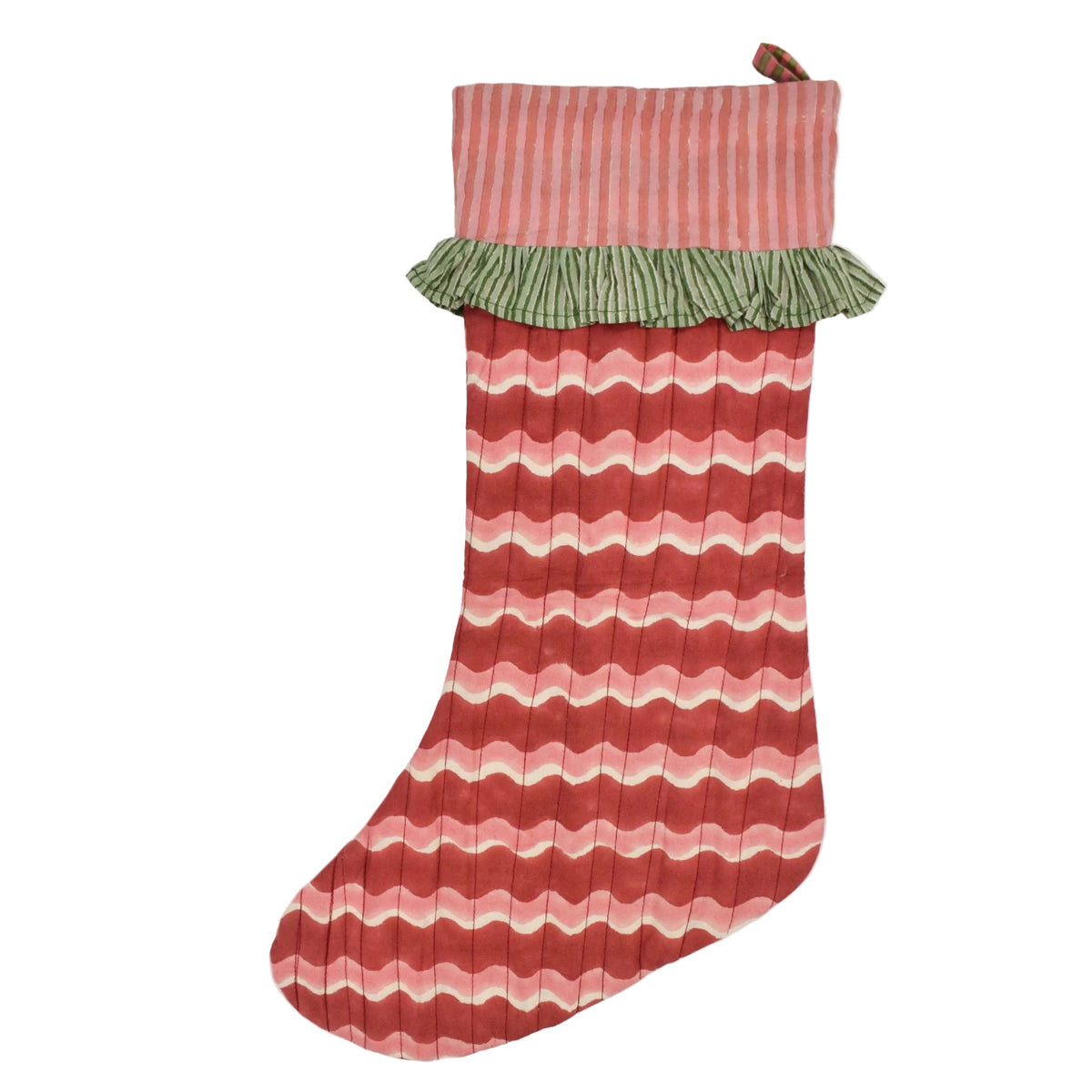 A festive Christmas stocking featuring a wavy pink and red striped body, a green ruffled trim at the top, and a striped cuff, shown against a plain light gray background.