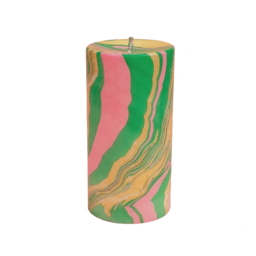 Pink, Green & Gold Marbled Pillar Candle