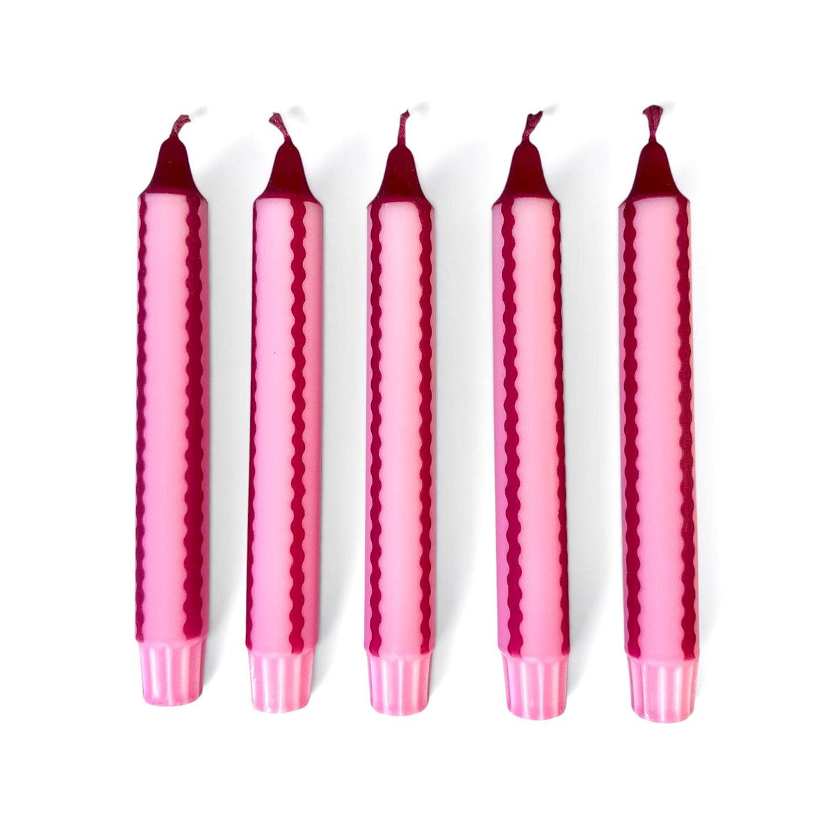 Pink and Deep Red Hand Dipped Scallop Stripe Dinner Candles