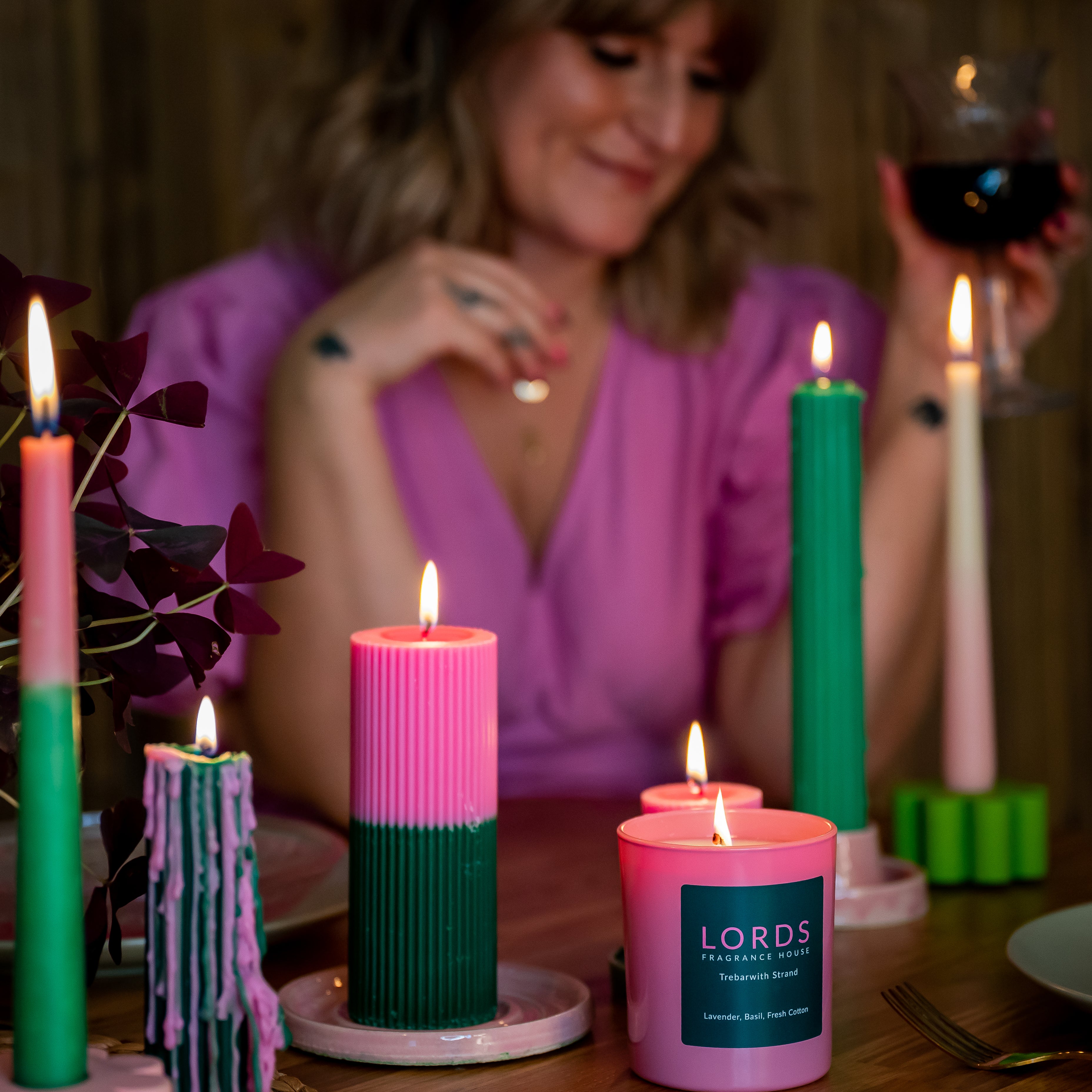 Pillar Candle, pink & green