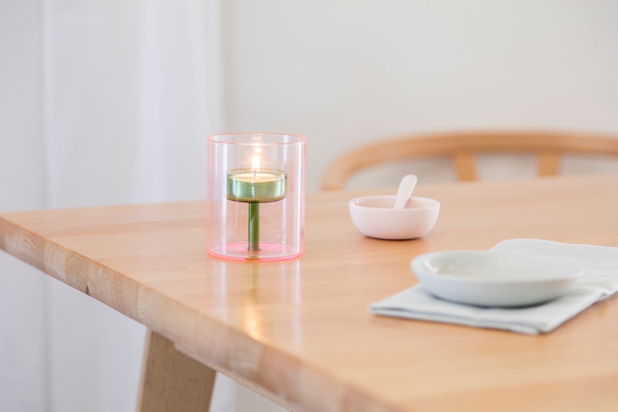 Tea light holder, pink & green glass