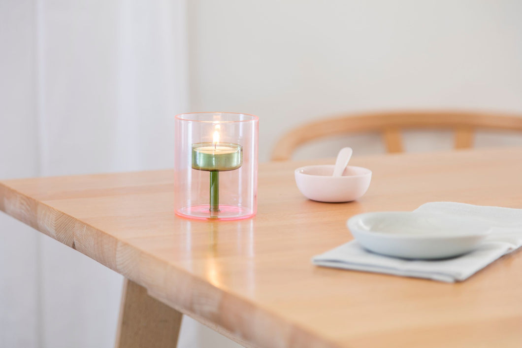 Tea light holder or skinny tall pillar holder, pink & green glass