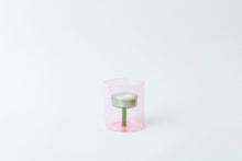 Load image into Gallery viewer, Tea light holder or skinny tall pillar holder, pink &amp; green glass
