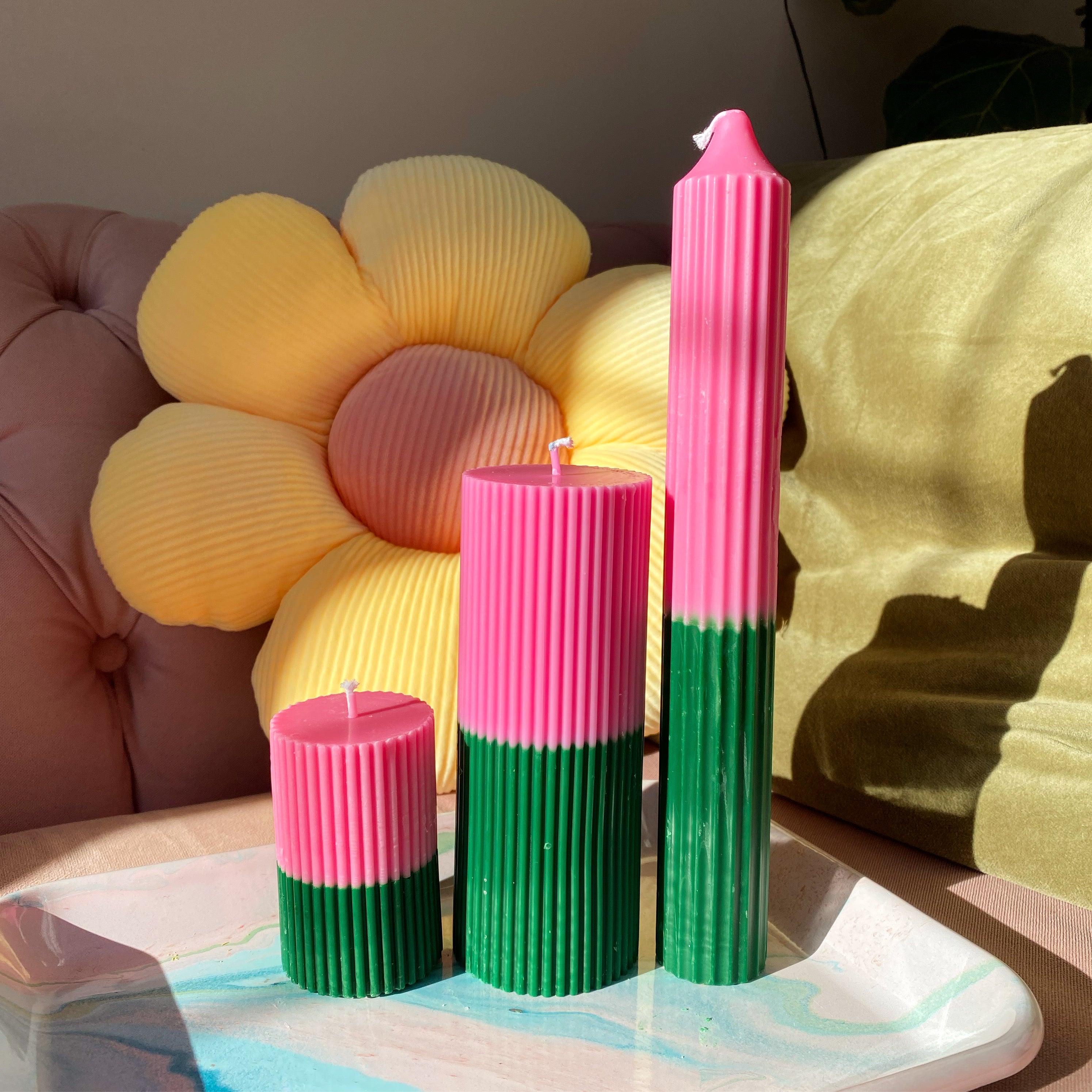 Skinny tall drippy pillar candle, pink & green NO HOLDER
